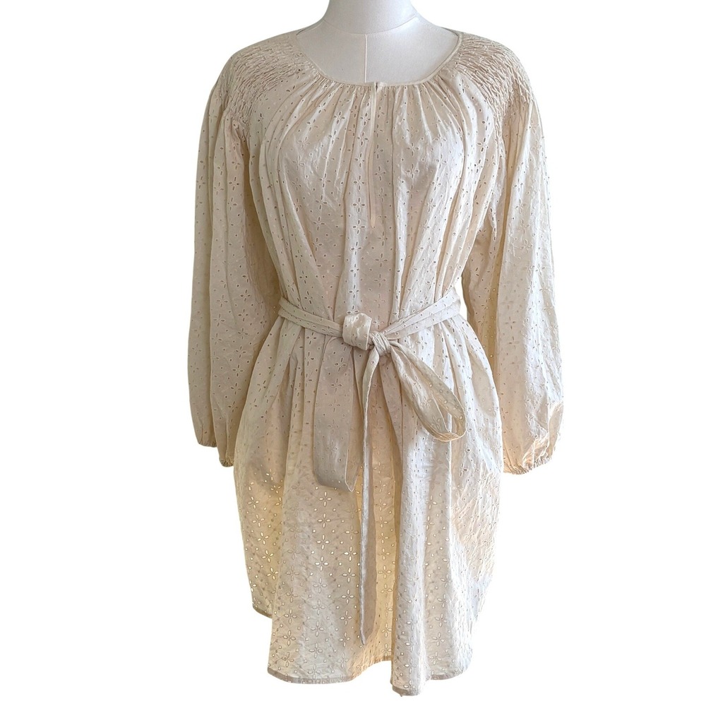 Marysia Resort Cream Eyelet Cotton Smocked Mini Dress Womens Medium Tie Waist